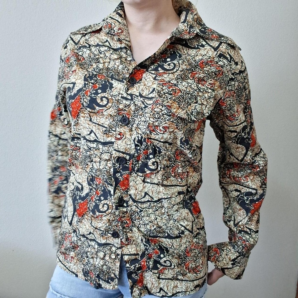 Vintage 70s Abstract Batik Crackle Dagger Collar Cotton Statement Shirt L